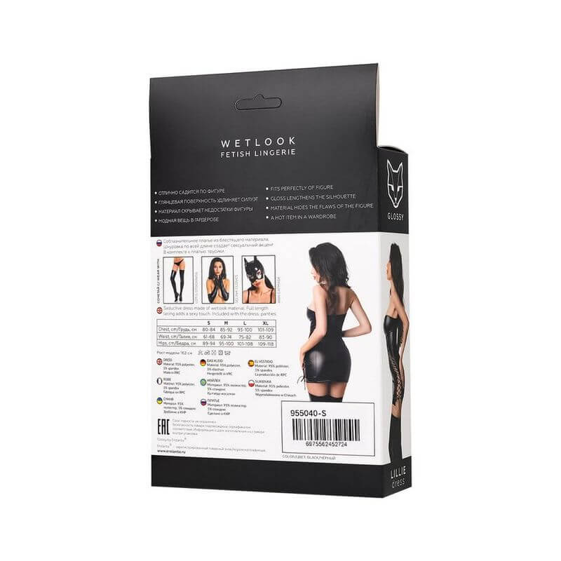 Back packaging of the Glossy Lillie Dress showcasing wetlook fetish lingerie features and size details.