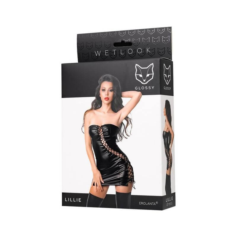 Glossy Lillie Dress packaging showcasing a sexy cut out dress with tied design for a bold look.