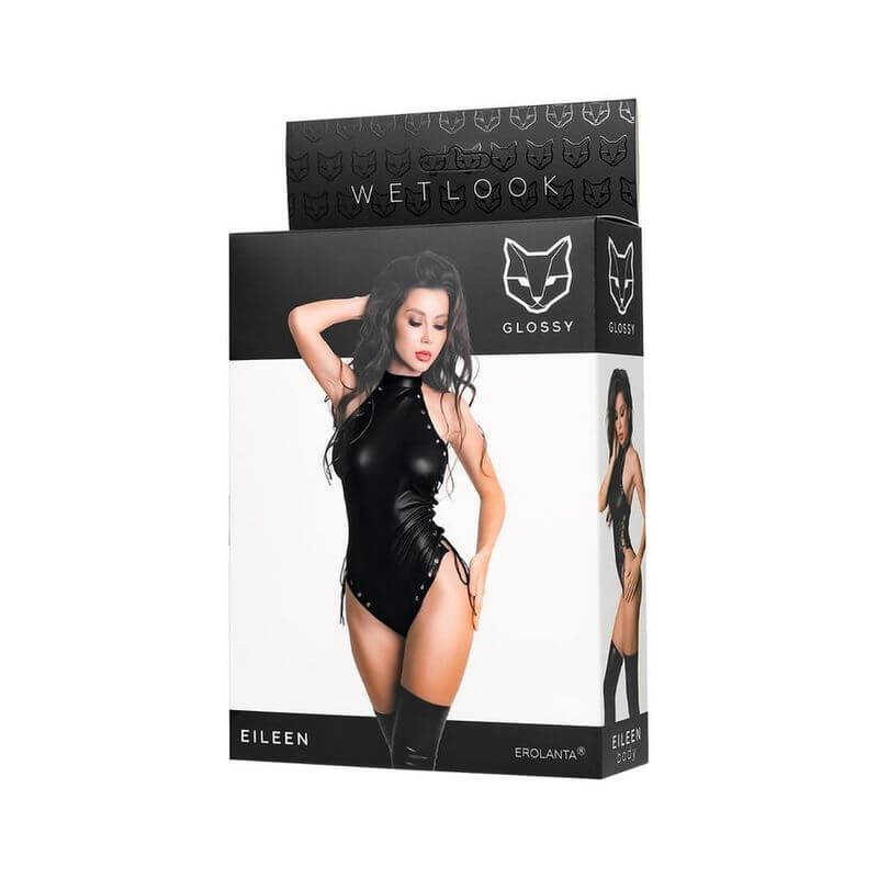 Glossy Eileen Bodysuit packaging featuring a model in sexy wetlook design, ideal for intimate essentials for her.