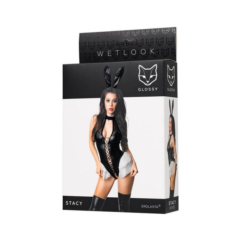 Glossy Stacy Bodysuit packaging showcasing a model in a sexy black outfit with bunny ears.
