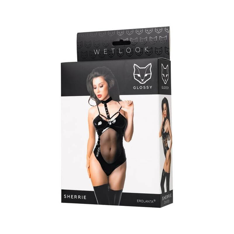 Glossy Sherrie bodysuit packaging featuring a sexy mesh bodysuit with adjustable collar and tie-up details.