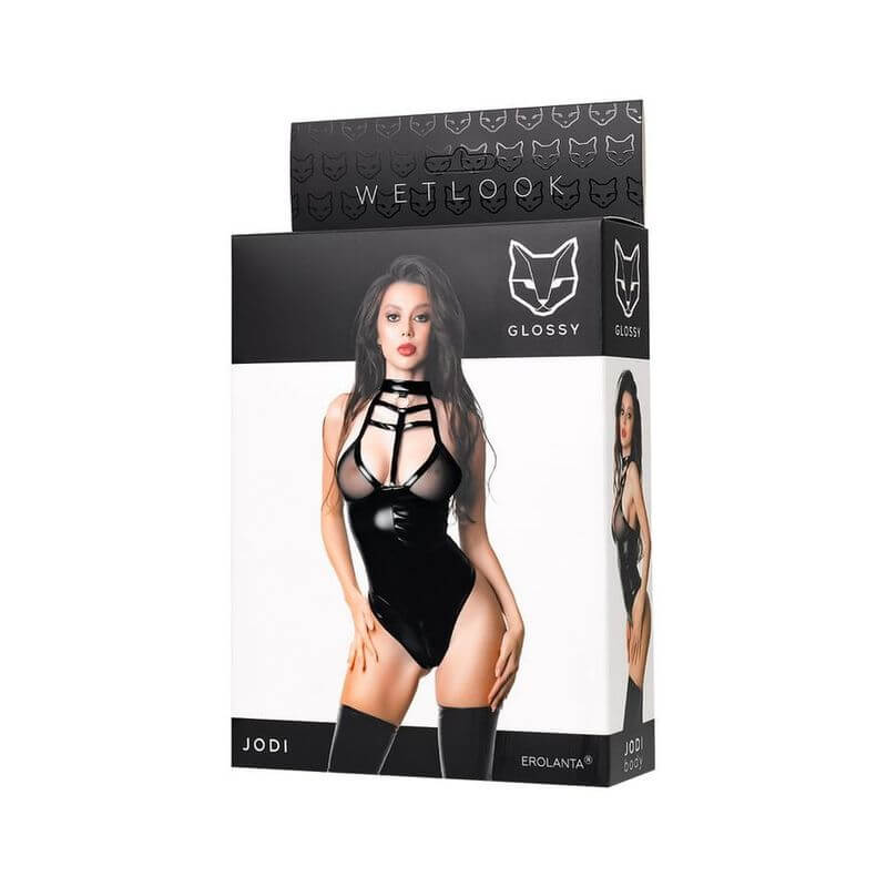 Glossy Jodi Bodysuit packaging featuring a model in a stylish black bodysuit with strappy detailing.