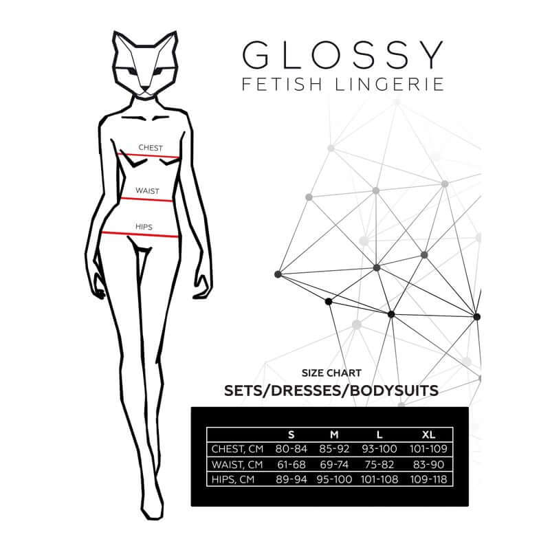 Size chart for the Glossy Jodi Bodysuit including measurements for chest, waist, and hips.