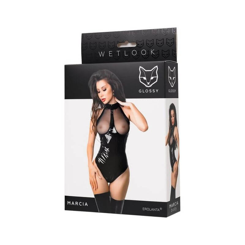 Glossy Marcia Bodysuit packaging showcasing sexy mesh insert design and collar for intimate essentials for her.