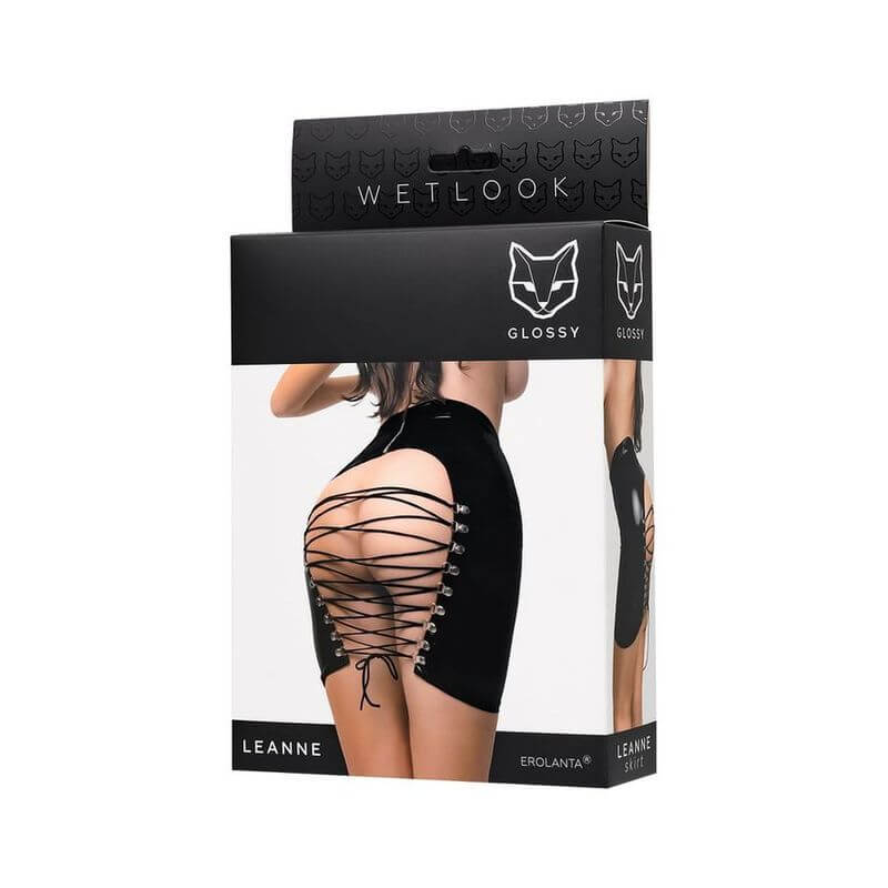 Glossy Leanne Mini Skirt packaging featuring a sexy black wetlook mini skirt with strappy tie up open back.
