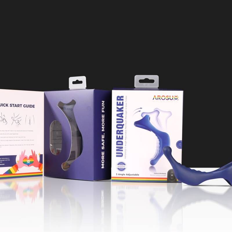 Underquaker Vibrating Anal Probe with Cockring packaging and quick start guide, showcasing features and design.