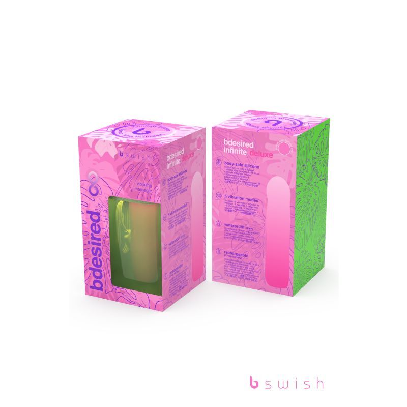 Bdesired Infinite Deluxe packaging featuring a USB rechargeable G-spot vibrator in vibrant pink design.