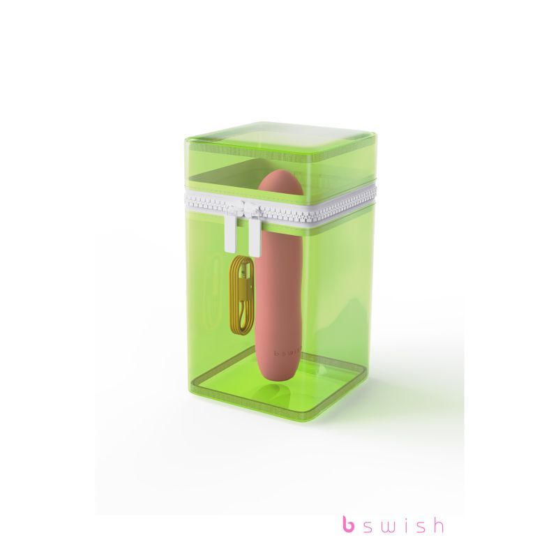 Bdesired Infinite Deluxe Flamingo Pink USB rechargeable G-spot vibrator in a green storage case.