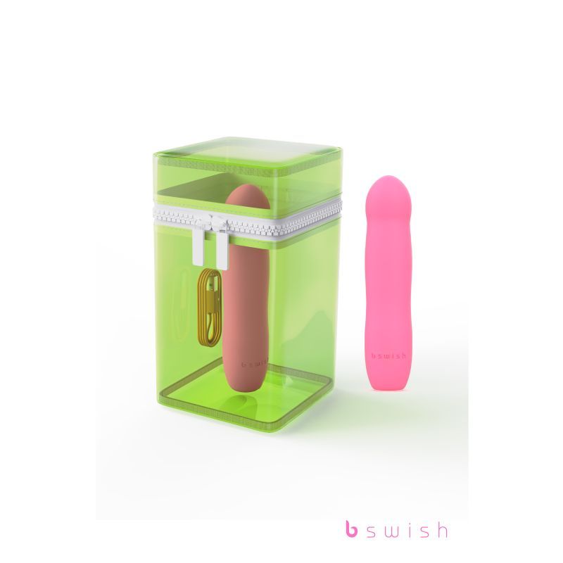 USB rechargeable G-spot vibrator in a green storage case with a pink design.
