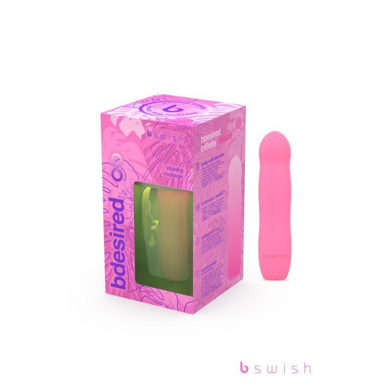 Bdesired Infinite Deluxe Flamingo Pink vibrator packaging with a vibrant design and the product prominently displayed.