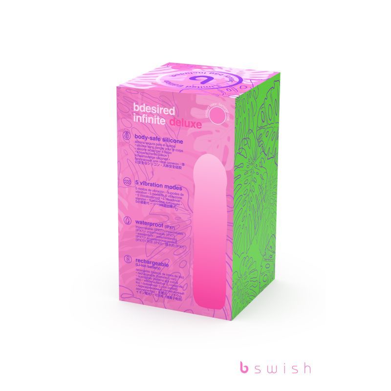 Bdesired Infinite Deluxe Flamingo Pink packaging showcasing features like body-safe silicone and waterproof design.