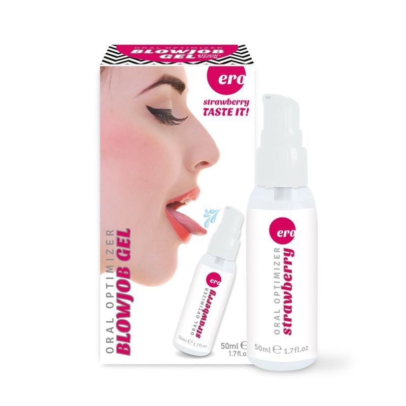 Oral Optimizer Blowjob Gel Strawberry 50ml packaging with model using gel, designed for enhanced oral pleasure.