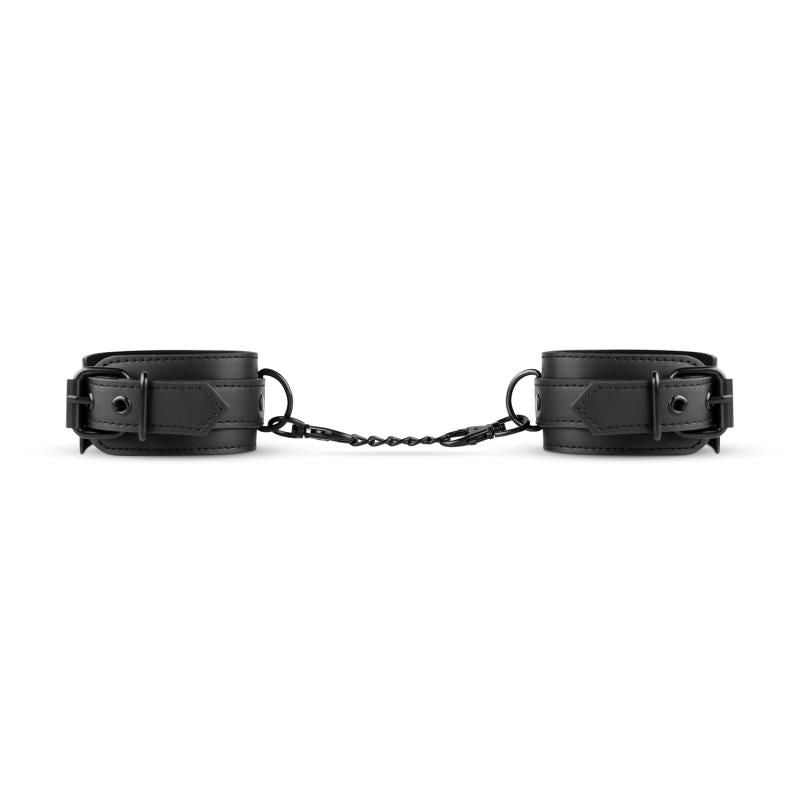 Adjustable faux leather handcuffs in black with clip closures and chain, designed for durability and easy cleaning.