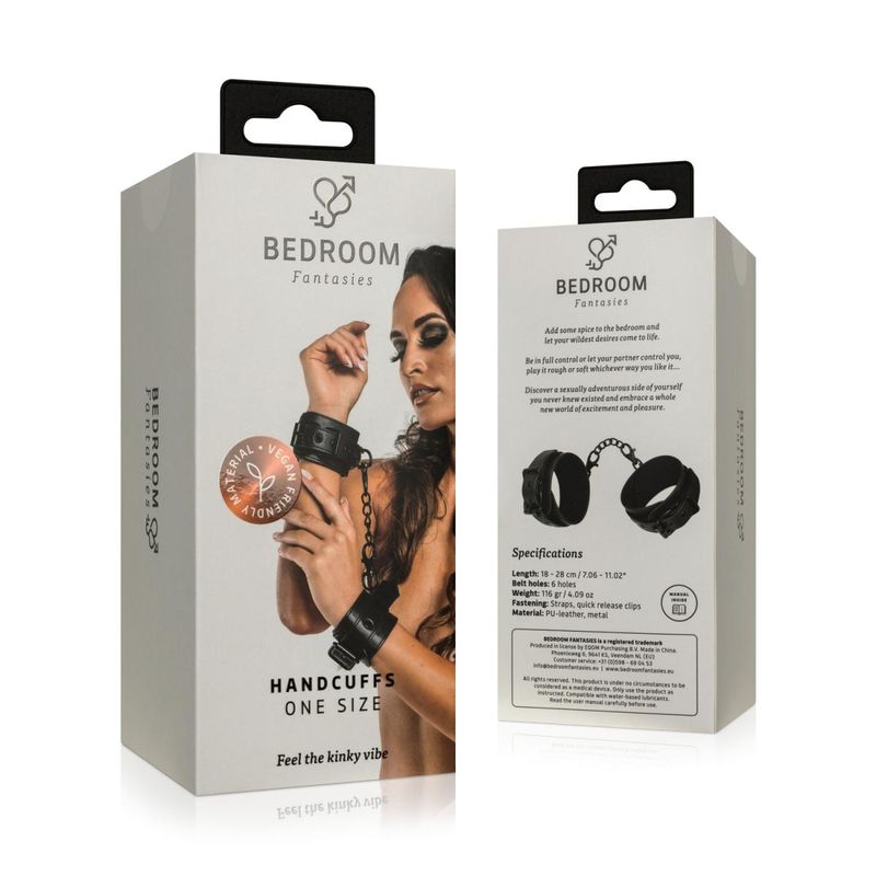 Faux Leather Handcuffs Black packaging featuring adjustable design and specifications details, part of intimate essentials for her.