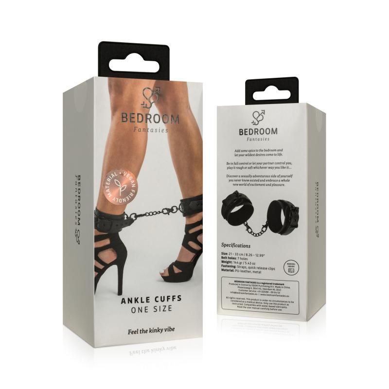 Faux Leather Ankle Cuffs Black packaging with adjustable cuffs and chain for intimate essentials.