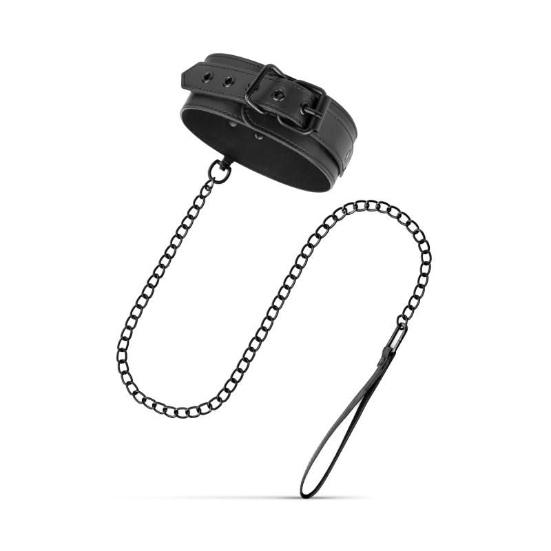 Total Restraint Complete Set Black collar with chain leash, adjustable for intimate play and comfort.