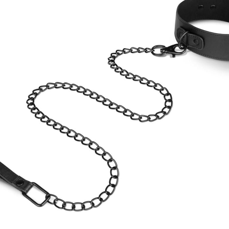 Total Restraint Complete Set Black with leather collar and chain leash for BDSM play.