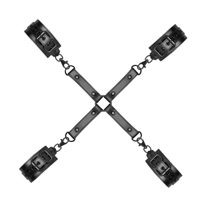 Black hogtie with faux leather cuffs and clip closures, ideal for bondage and fantasy play.