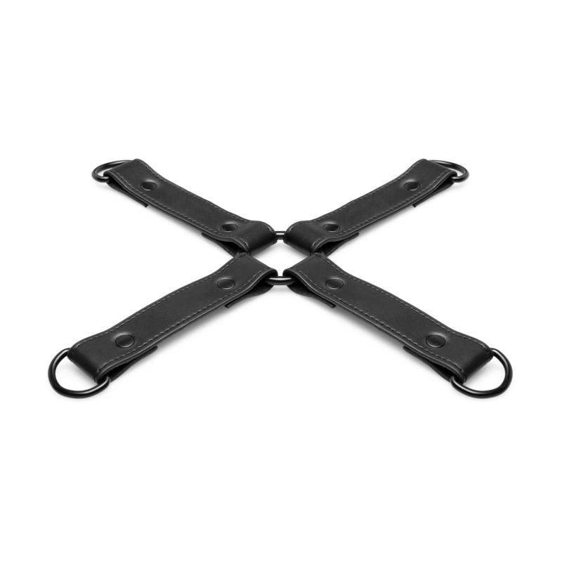 Black hogtie made of faux leather with clip closures for attaching handcuffs and ankle cuffs.