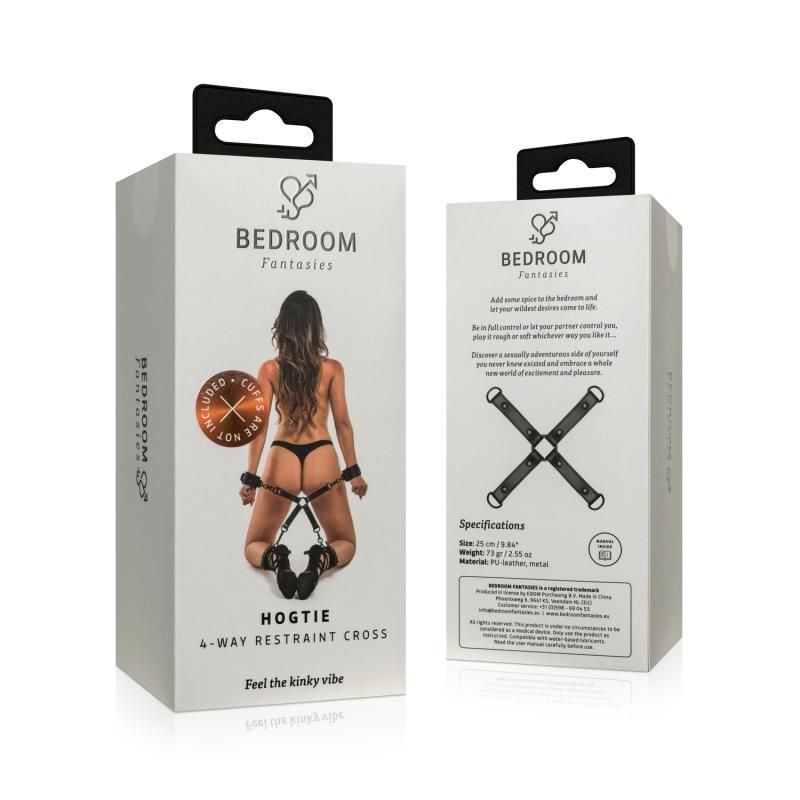Hog Tie Black - bedroom fantasies 4-way restraint cross packaging featuring model in sexy lingerie