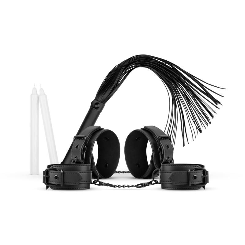 Kinky Bondage Set 5 Pc Black including handcuffs, flogger, and candles for ultimate BDSM enjoyment.