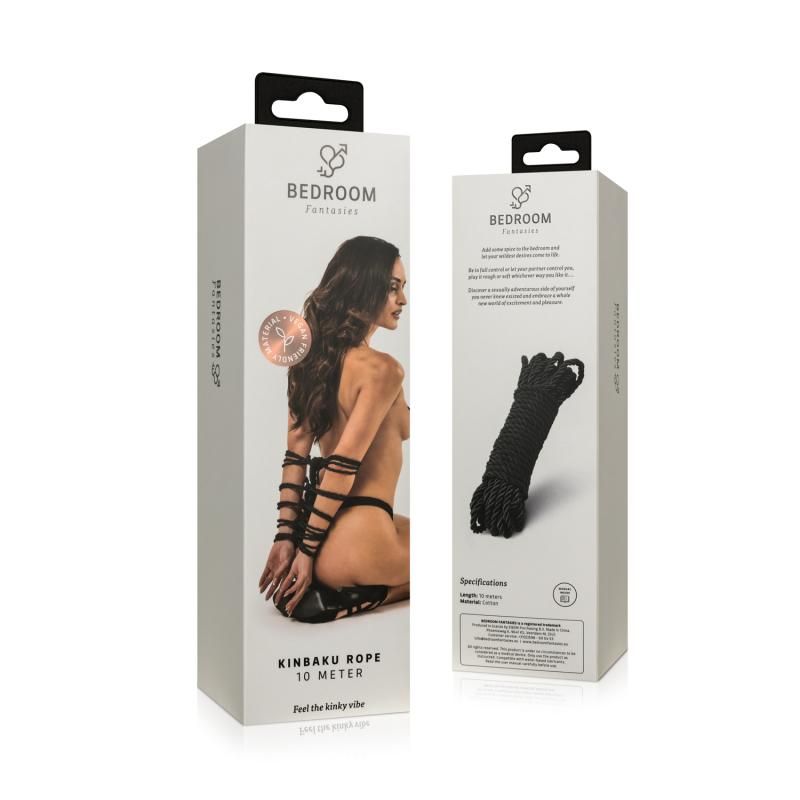 Kinbaku Bondage Rope Cotton 5m packaging displayed with model; perfect for exciting bondage experiences.