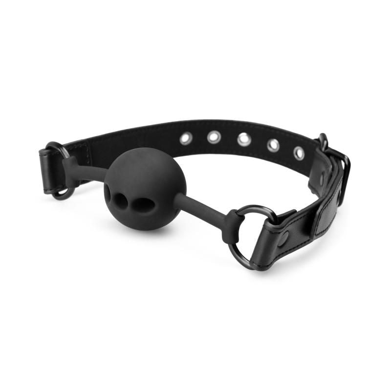 Breathable Silicone Ball Gag Black with adjustable faux leather strap for BDSM play and comfort.