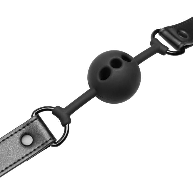 Breathable Silicone Ball Gag Black with adjustable faux leather strap, ideal for BDSM beginners.