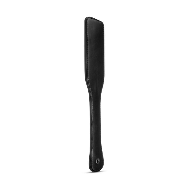 Faux leather BDSM paddle in black, designed for exciting bedroom play with a comfortable grip.