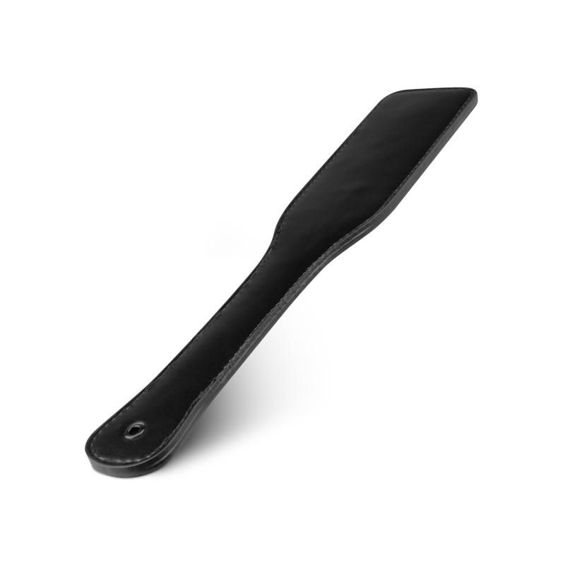 Faux leather BDSM paddle in sleek black, designed for adventurous play with a comfortable grip.