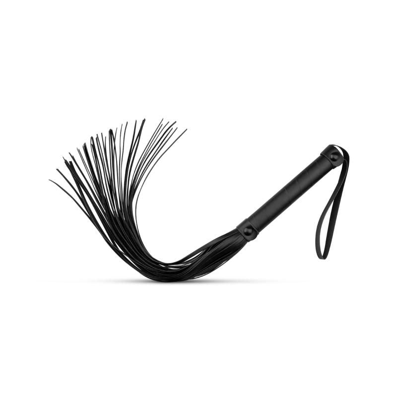 Faux Leather Flogger Black with soft strands and comfortable grip, ideal for sensual BDSM play.