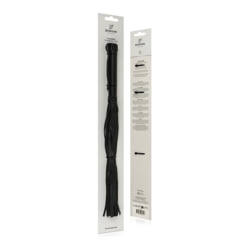 Faux Leather Flogger Black displayed in packaging, perfect for BDSM play and intimate essentials.