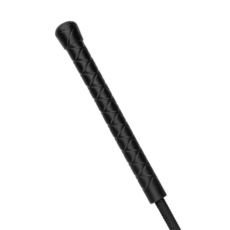 Faux Leather Crop Whip Black handle close-up for intimate essentials and BDSM play.