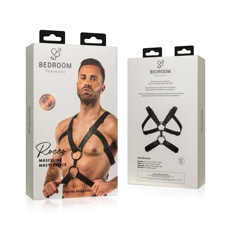Rocco Bondage Harness Black packaging showcasing adjustable bondage harness for a thrilling BDSM experience.