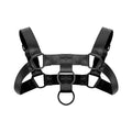 Black adjustable BDSM harness made of durable faux leather, designed for comfort and wild fantasies.