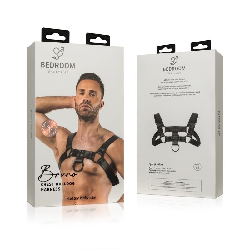Bruno Bondage Harness Black packaging showcasing adjustable faux leather design for BDSM and intimate essentials.