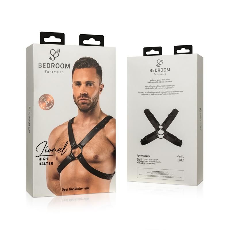 Lionel Bondage Harness Black packaging showing a model wearing the harness, ideal for intimate essentials for her.