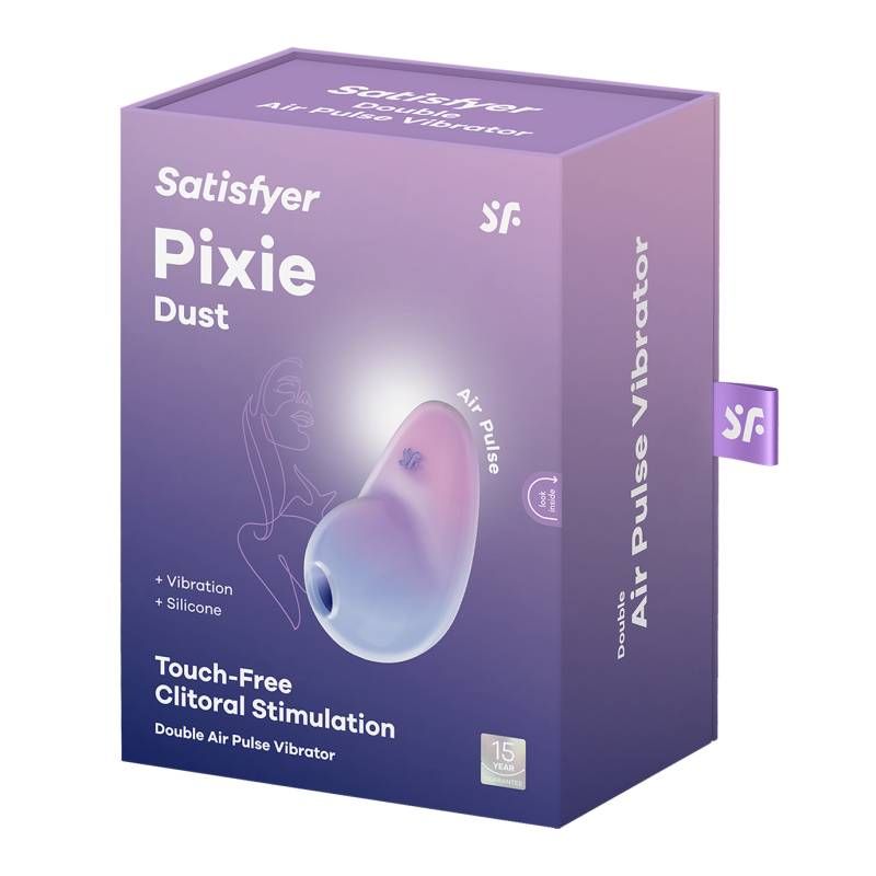 Satisfyer Pixie Dust vibrator packaging showcasing its touch-free clitoral stimulation features and vibrant design.