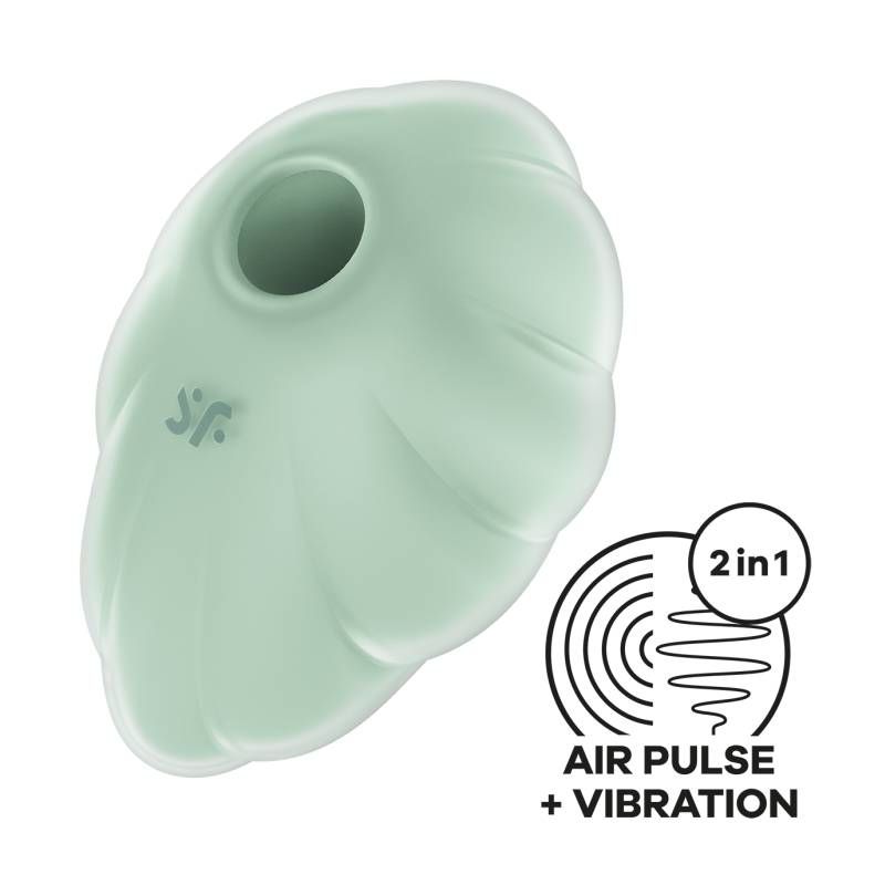Satisfyer Cloud Dancer vibrator in mint color showcasing air pulse and vibration features.