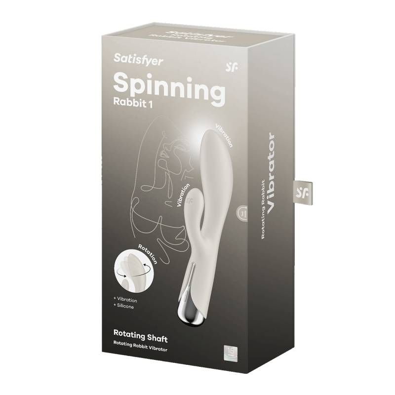 Satisfyer Spinning Rabbit 1 Beige packaging featuring rotating shaft and vibration options for intimate essentials.