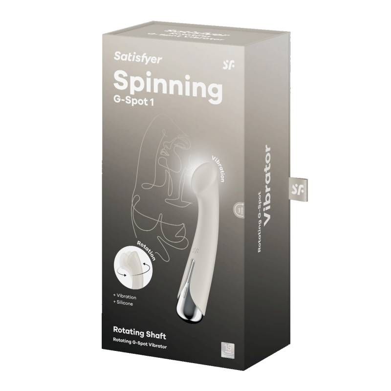 Satisfyer Spinning G-Spot 1 Beige packaging featuring rotating shaft and vibration options.