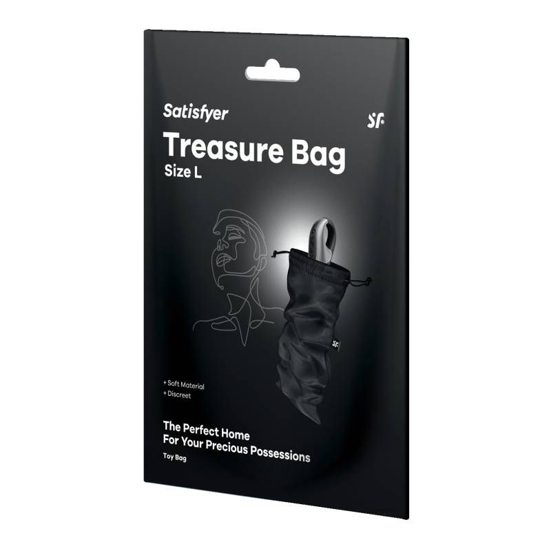 Treasure Bag Black Large packaging featuring soft material for discreet storage of intimate essentials.