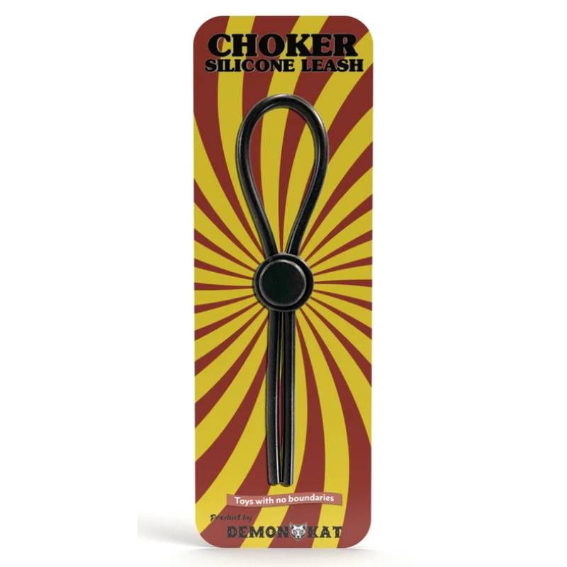 Adjustable silicone choker leash displayed on vibrant packaging with bold graphics.