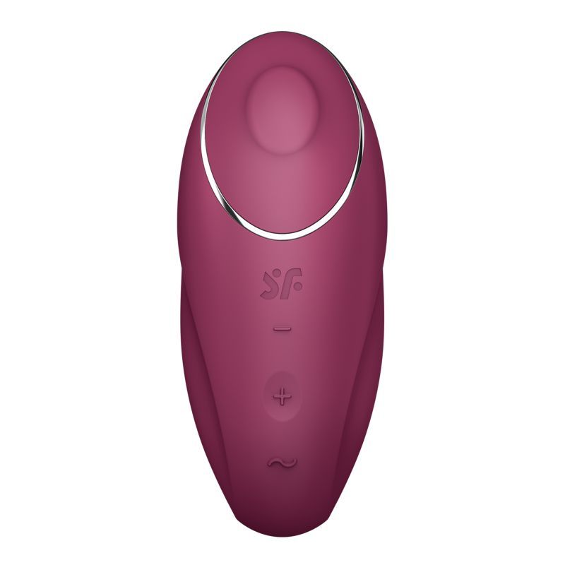 Satisfyer Tap and Climax 1 red clitoral lay-on vibrator with elegant design and control buttons.