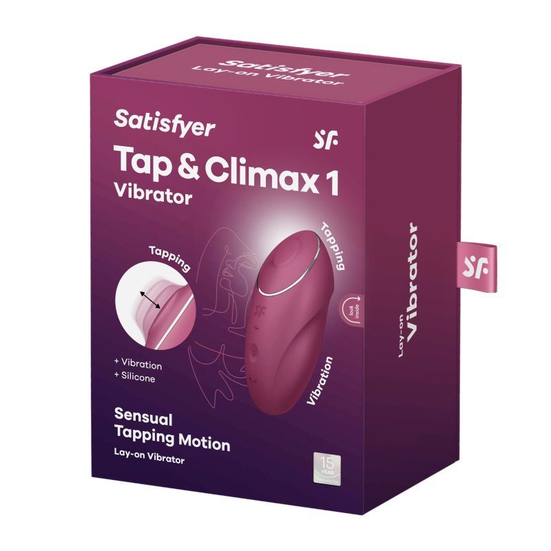 Satisfyer Tap and Climax 1 packaging, showcasing the clitoral lay-on vibrator with sensual tapping motion features.