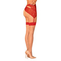 Elegant woman in red mesh stockings with a matching garter belt, showcasing a sultry silhouette.