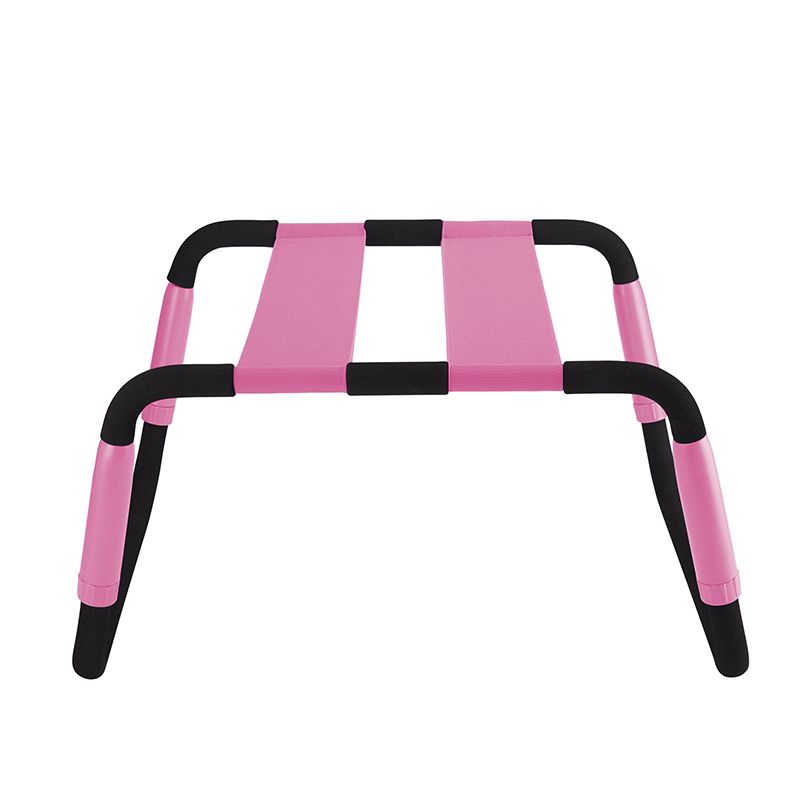 Adjustable height sex chair in pink PU with black accents, perfect for enhancing intimacy and comfort.