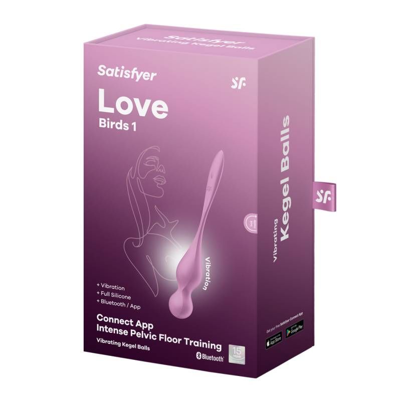 Satisfyer Love Birds 1 Kegel pelvic floor trainer app packaging showcasing Bluetooth and silicone design.