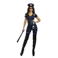 Sultry woman in navy Lieutenant Ivana Misbehave costume featuring a badge, utility belt, and hat.