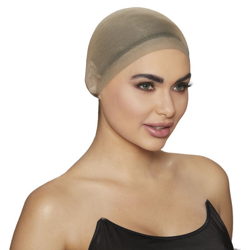 Dreamgirl Wig Cap Nude 2 Pc worn by a model, showcasing a smooth and seamless fit for wig wear.